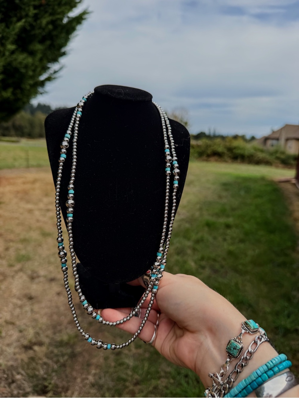 Genuine Turquoise and Stainless Steel Pearl  Necklace - LONG